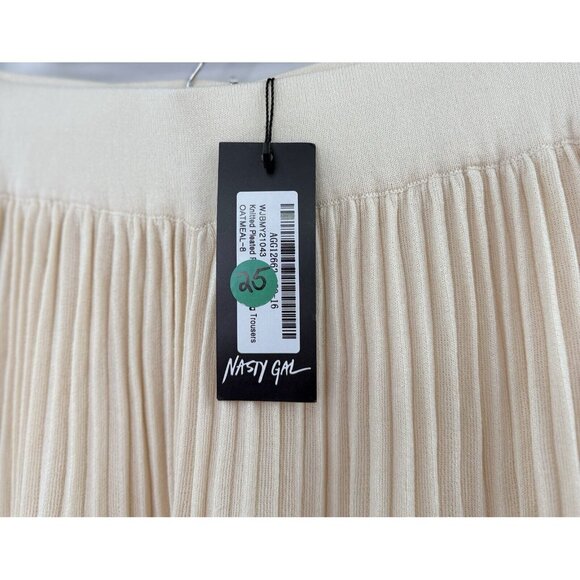 NWT Nasty Gal Ostmeal Knitted Pleated Wide Leg Trousers Elastic High Waist Sz 4 - Picture 4 of 11
